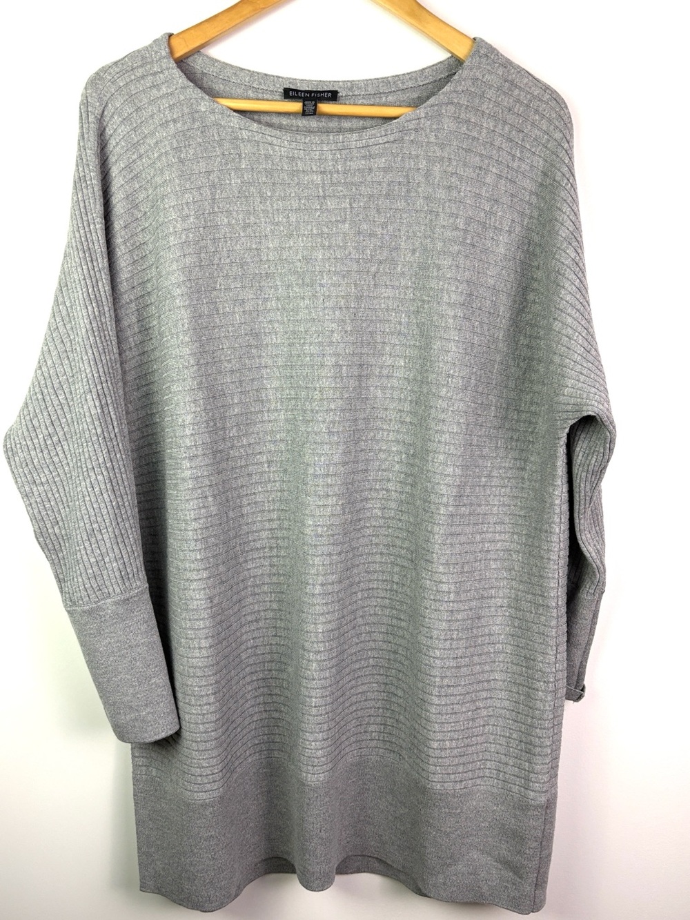 Eileen Fisher 100% merino wool Light Gray Ribbed Knit tunic sweater size M